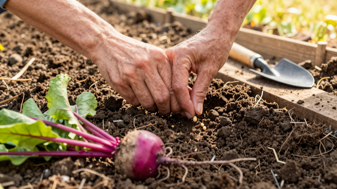 Mãos plantando sementes em terra de canteiro com beterraba ao lado e uma pequena pá de jardinagem.