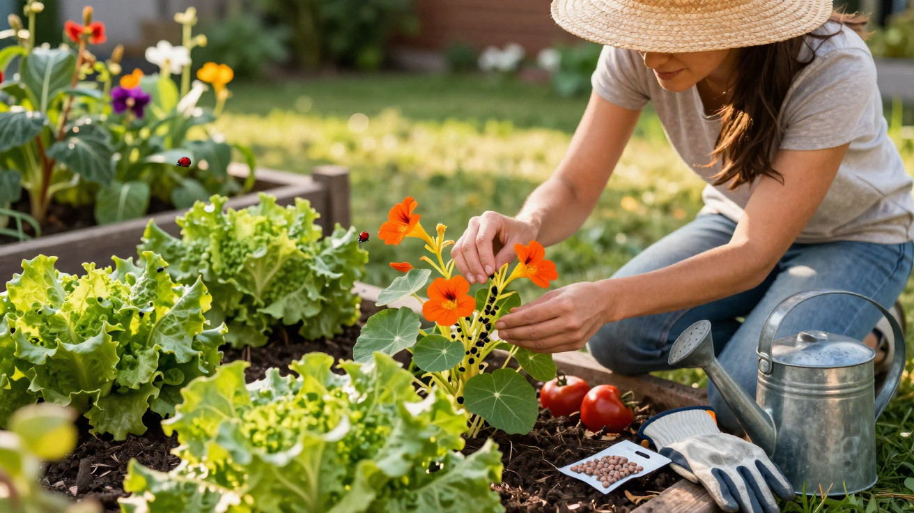Mulher cuidando de flores laranjas em horta com alfaces e tomates, usando chapéu de palha.