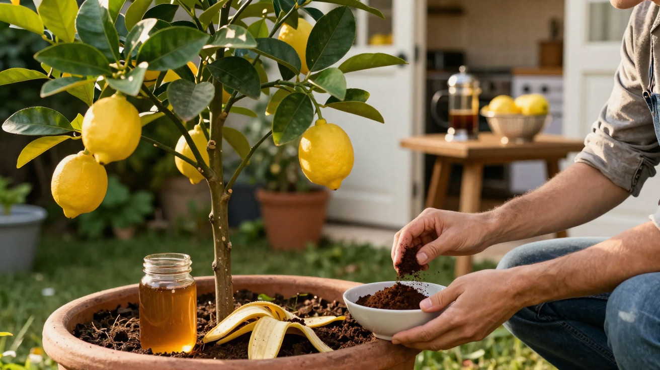 Pessoa aplicando composto orgânico em vaso com limoeiro e frutas cítricas em jardim doméstico.