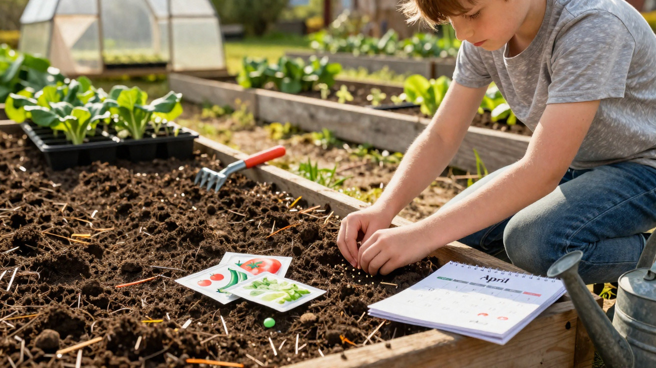 Criança plantando sementes em canteiro com calendários e utensílios de jardinagem ao redor.