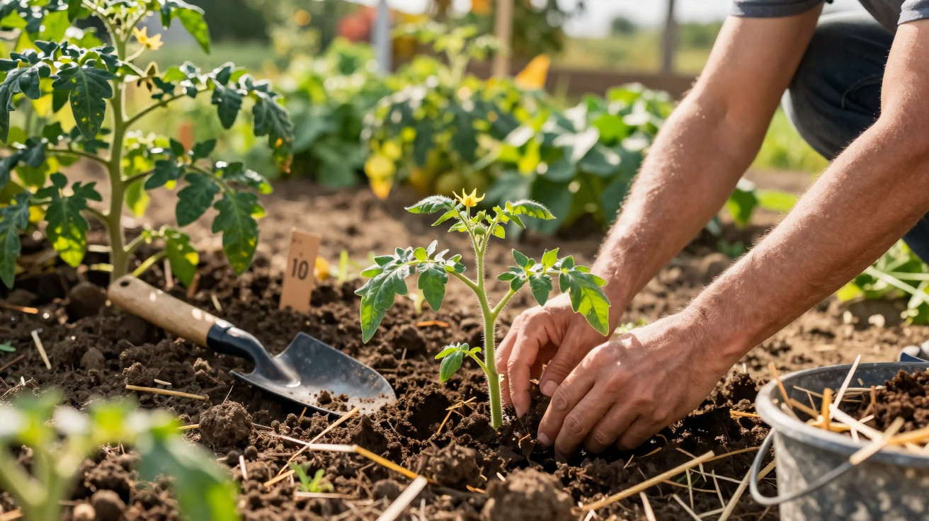 Pessoa plantando muda de tomateiro em solo fértil, com pá de jardinagem próxima e outras plantas ao fundo.
