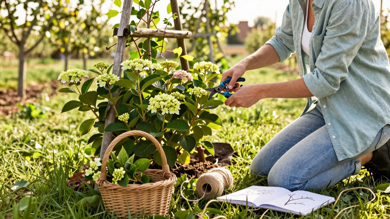 Pessoa cuidando de hortênsias em jardim, com cesta, tesoura de poda e caderno aberto no chão.
