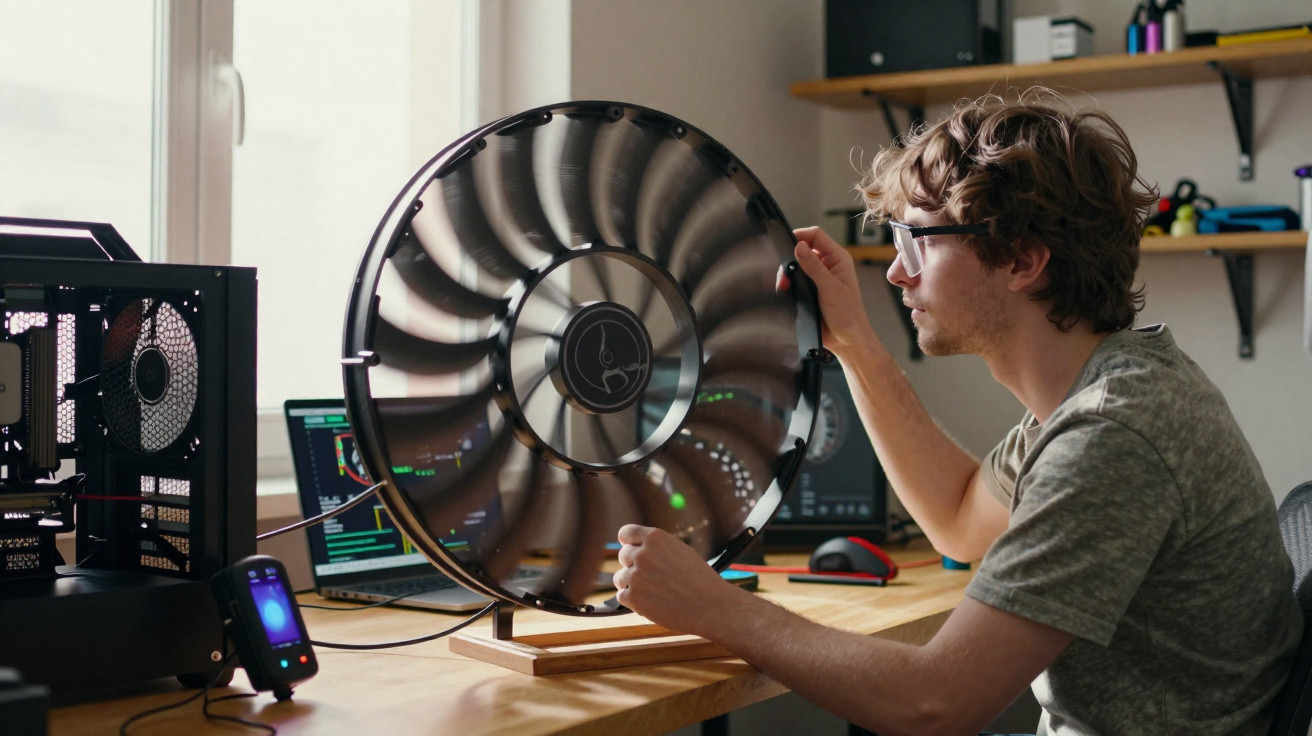 Homem com óculos sentado analisando hélice grande transparente em mesa com computadores.