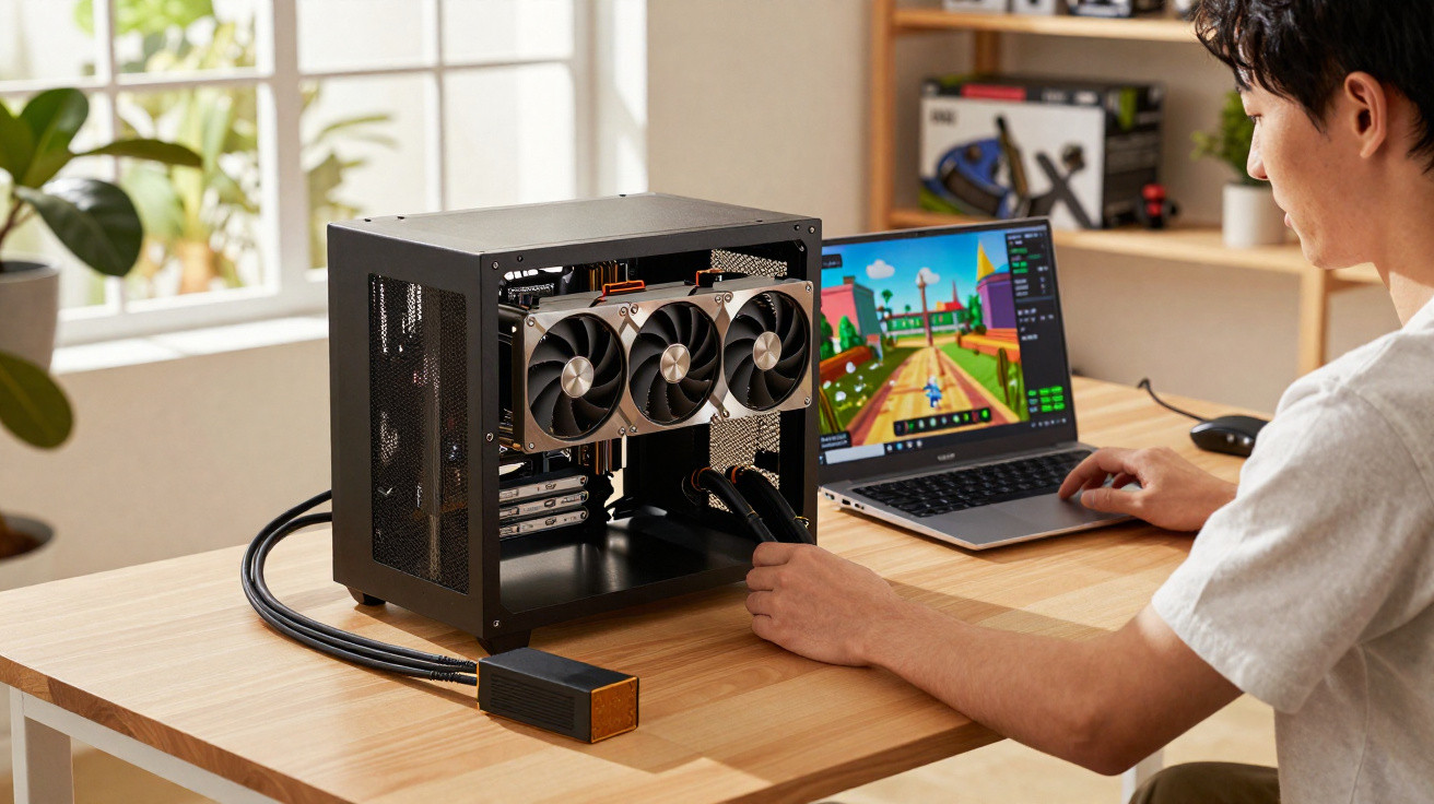 Pessoa configurando uma estação de jogos com computador compacto e notebook em mesa de madeira clara.