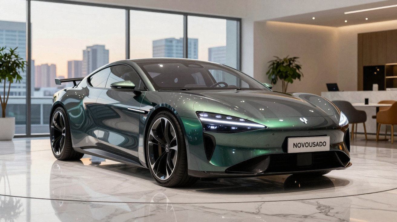 Carro esportivo verde metálico exibido em showroom moderno com piso branco e grande janela ao fundo.