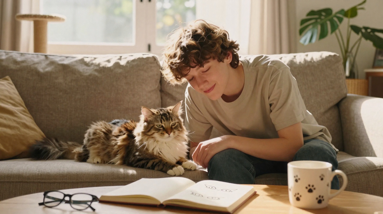 Jovem sentado no sofá acariciando um gato, com livro aberto e caneca com patas na mesa à frente.