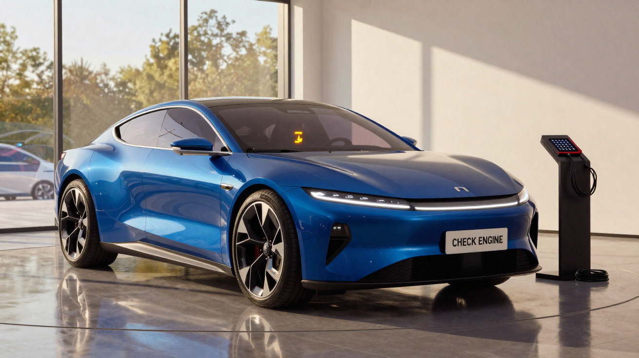 Carro esportivo elétrico azul estacionado em ambiente interno, conectado a carregador elétrico.