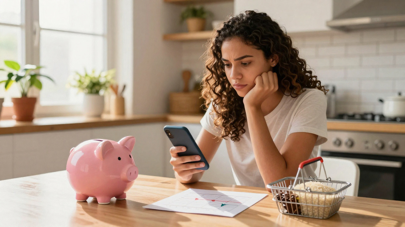 Mulher olhando com preocupação para o celular em uma mesa com cofrinho e planilha de finanças.
