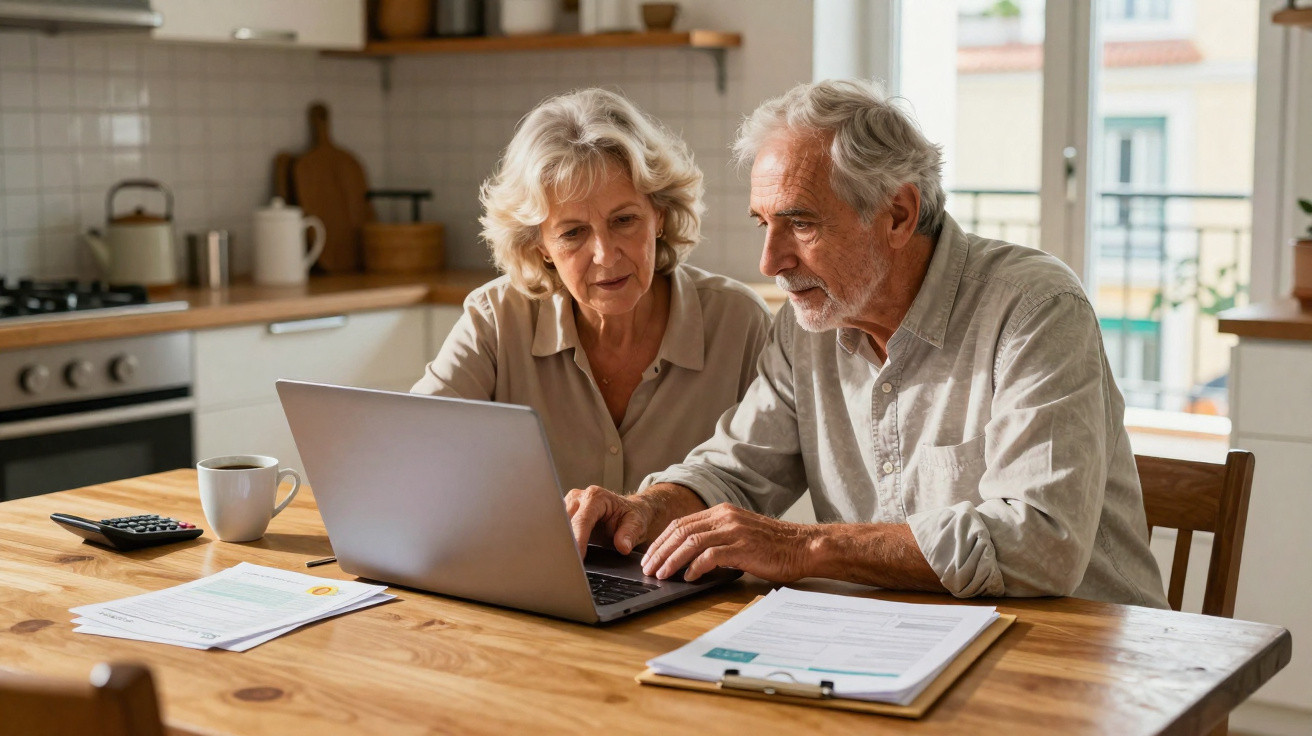 Casal de idosos sentado à mesa da cozinha usando laptop e analisando documentos juntos.