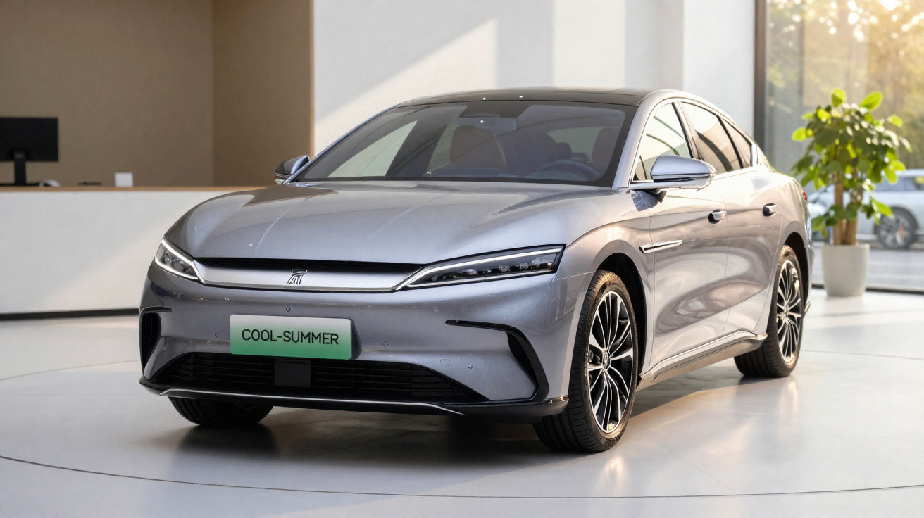 Carro elétrico cinza moderno estacionado em ambiente interno com iluminação natural e planta ao fundo.
