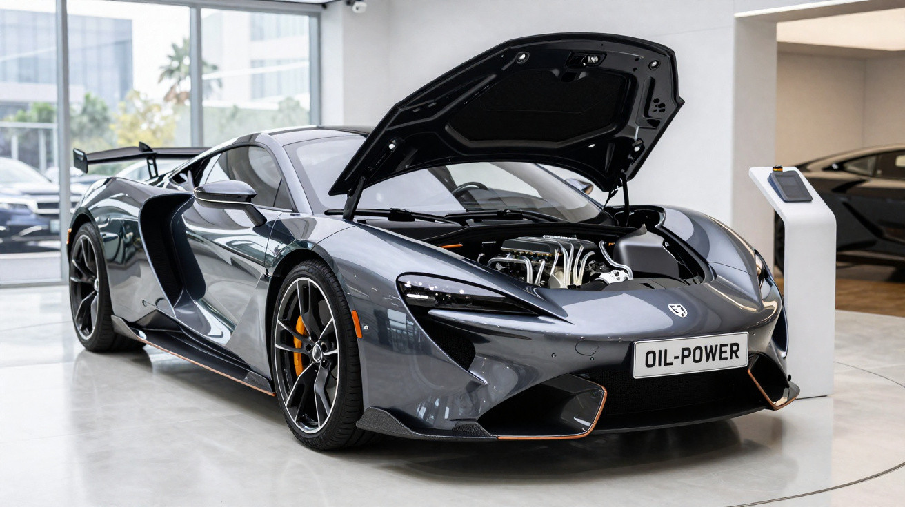 Carro esportivo cinza com capô aberto exibindo motor em showroom moderno.
