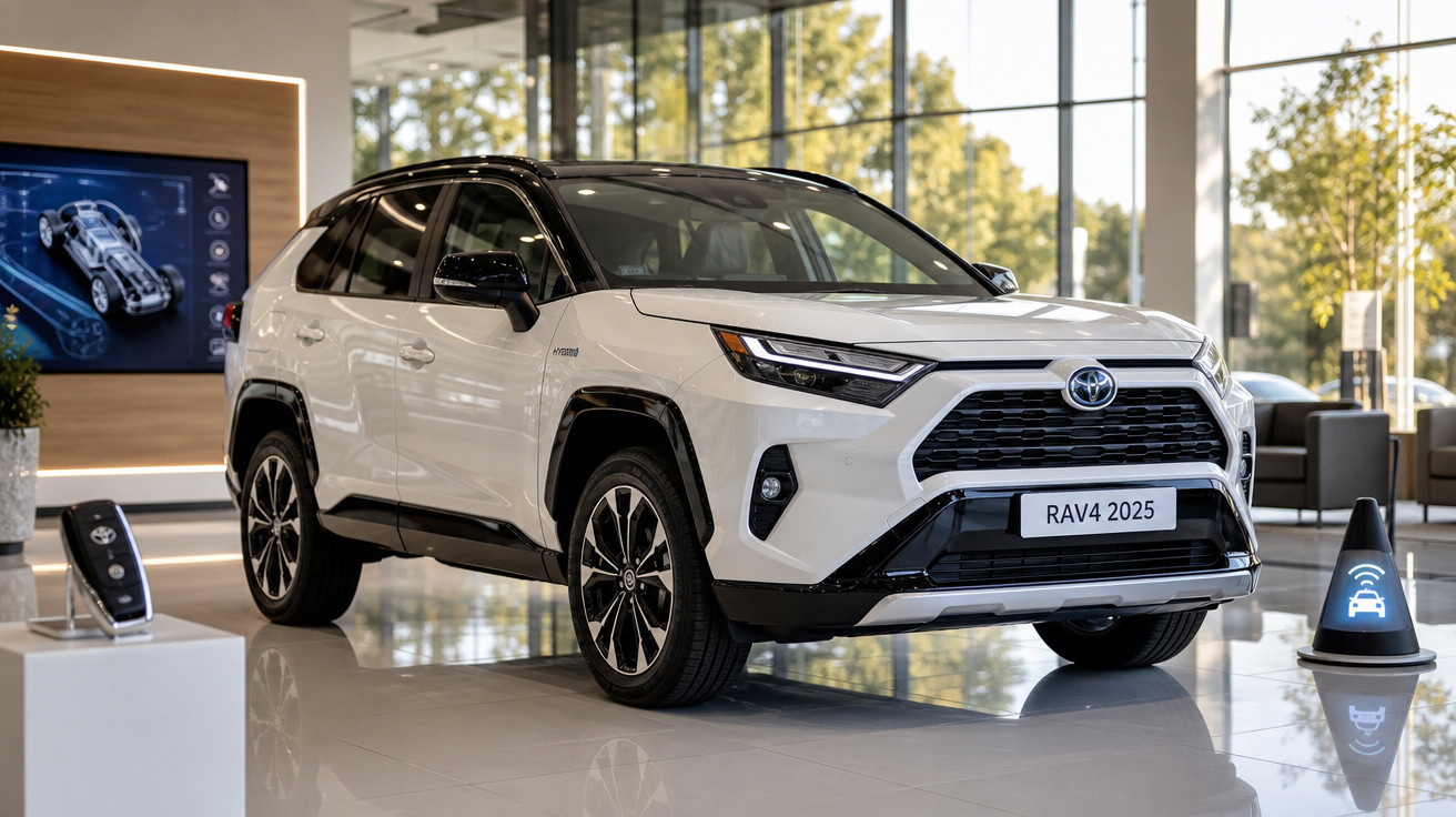 SUV Toyota RAV4 2025 branco exibido em showroom moderno com iluminação natural.