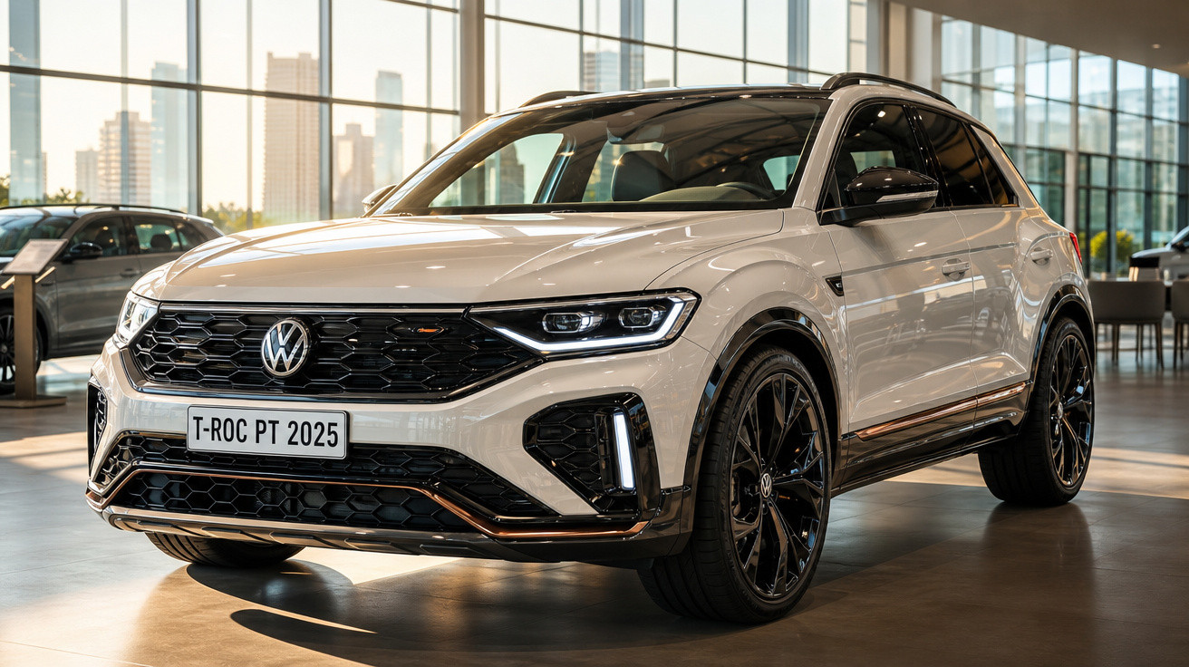 Carro Volkswagen T-Roc PT 2025 branco exibido em salão de veículos com vidro e vista urbana ao fundo.