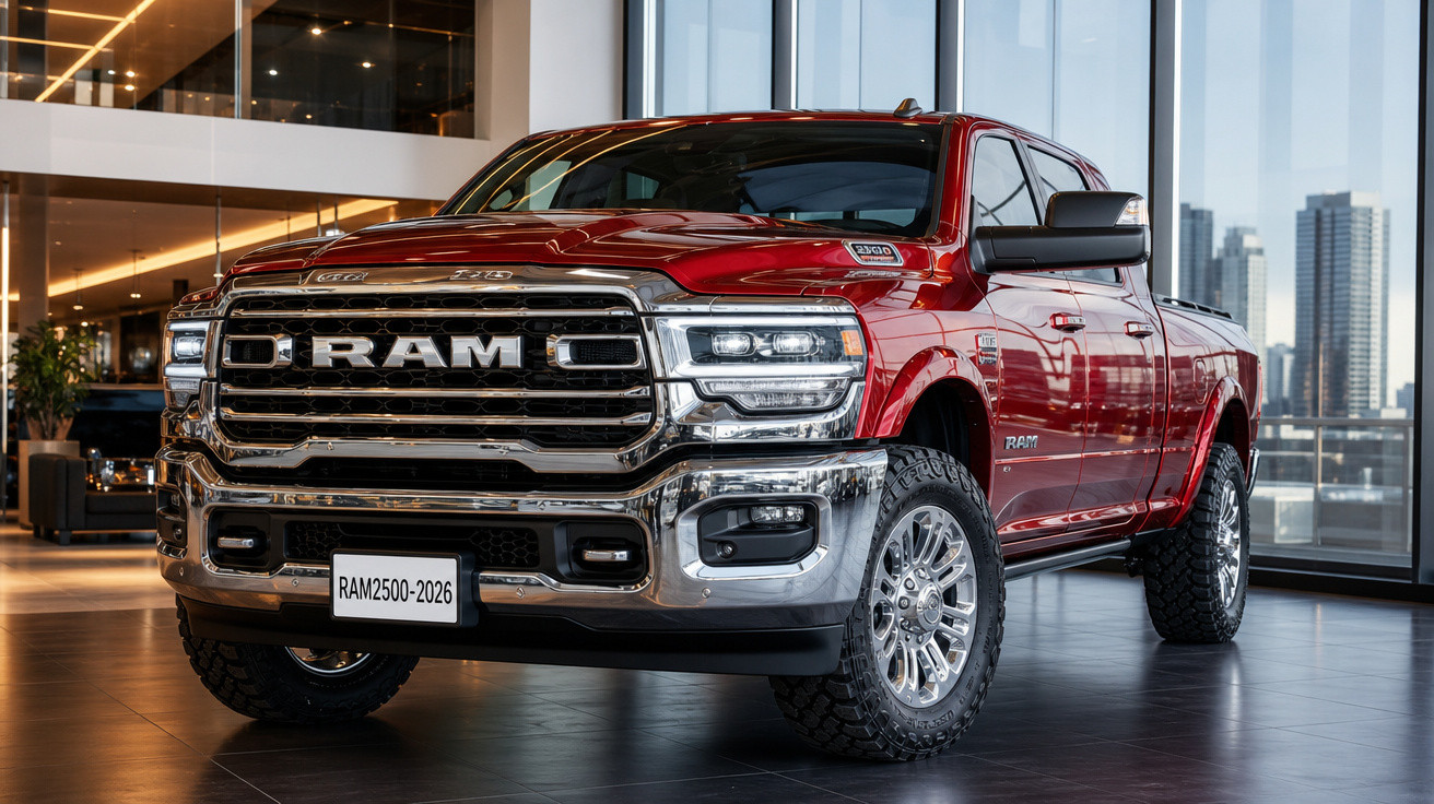 Picape vermelha Dodge Ram 2500 2026 em showroom moderno com vidros altos e piso preto.