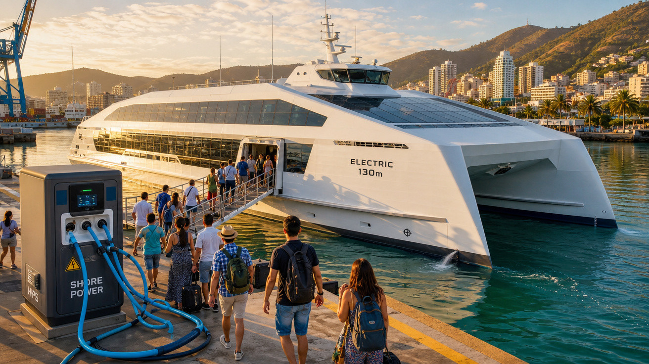 Passageiros embarcando em catamarã elétrico moderno em porto com cidade e montanhas ao fundo.