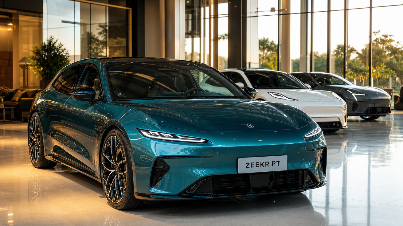 Carro elétrico azul Zeekr PT em showroom com outros veículos ao fundo e iluminação natural.