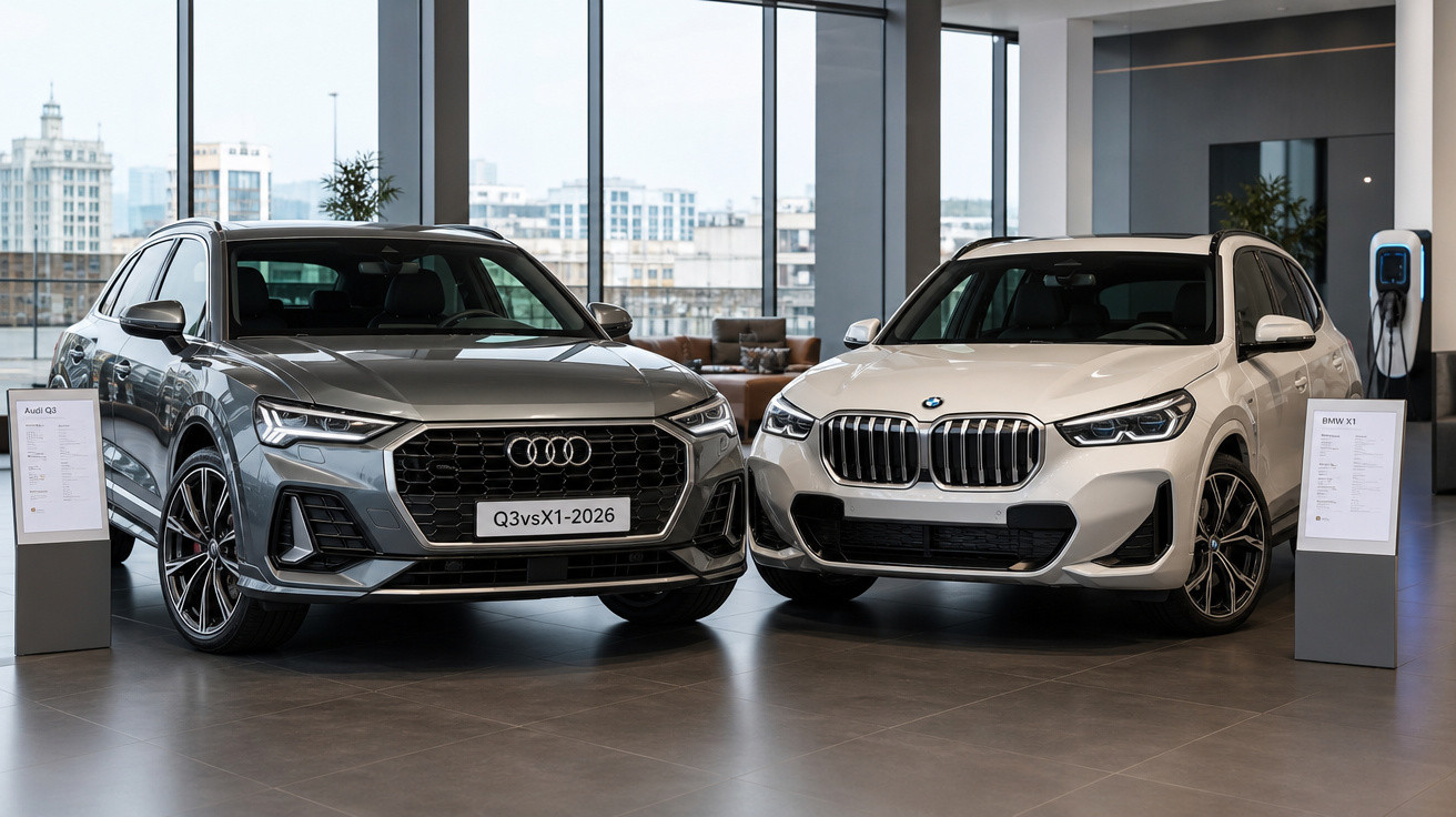 Audi Q3 cinza e BMW X1 branca exibidos lado a lado em showroom com janelas amplas ao fundo.