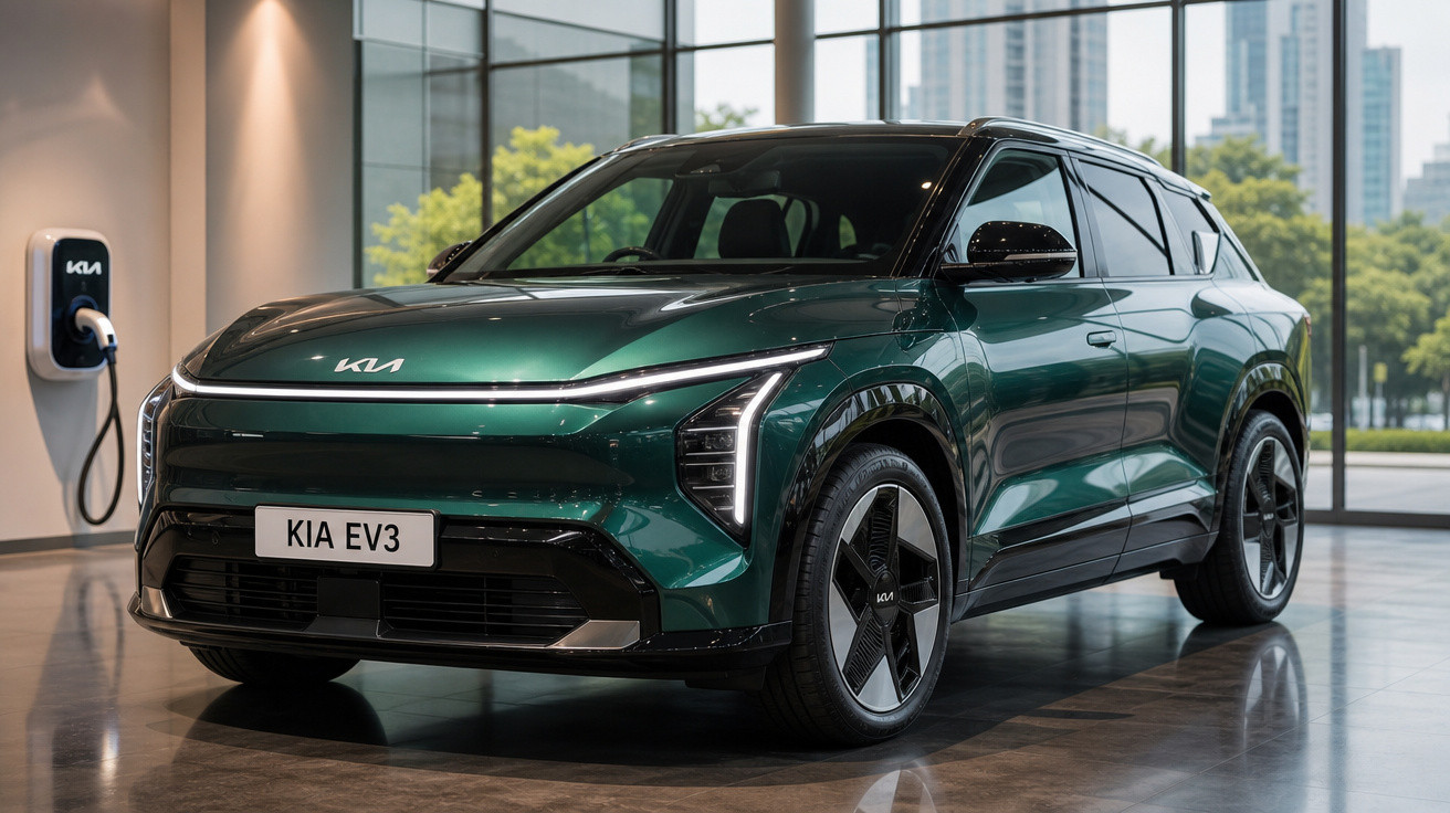 Carro elétrico verde Kia EV3 estacionado em showroom moderno com carregador na parede.