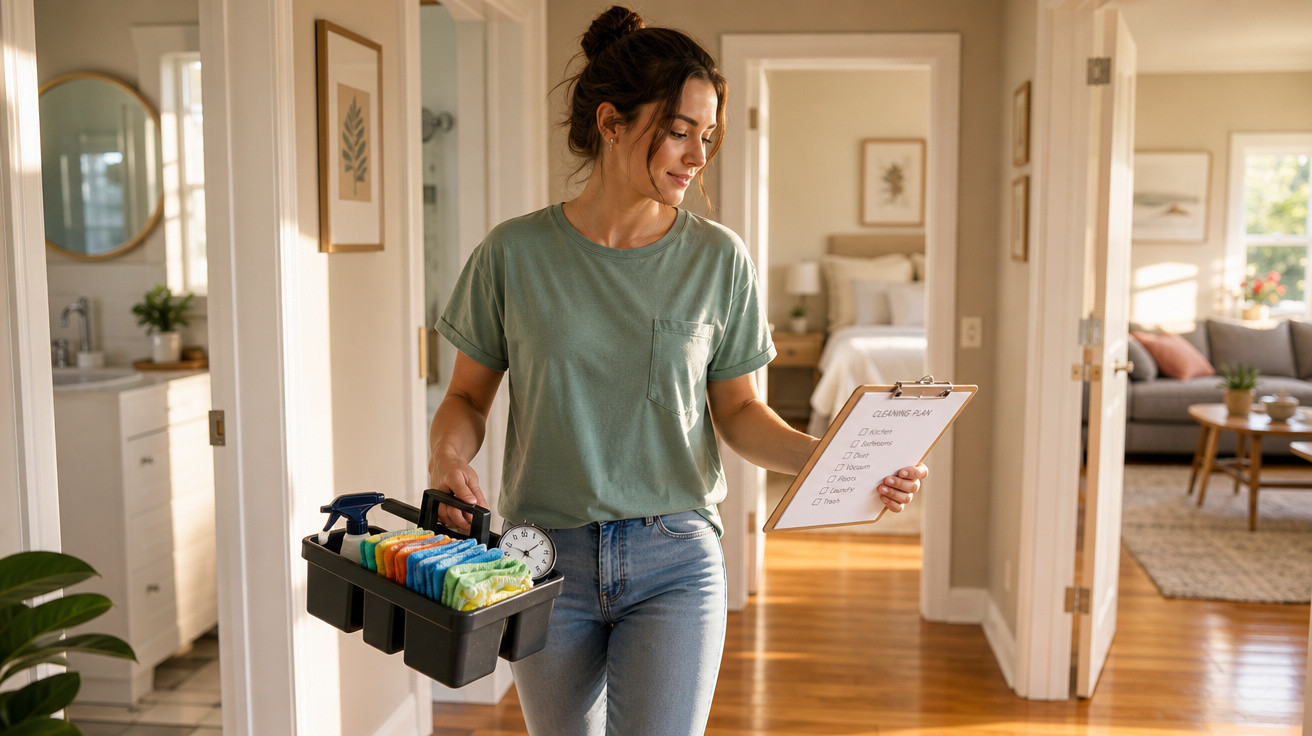 Mulher jovem com lista de limpeza e kit de produtos para limpeza em casa iluminada e organizada.