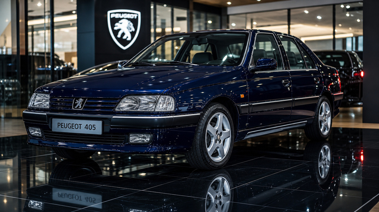 Carro azul Peugeot 405 sedan em exposição interna com piso e reflexo brilhantes