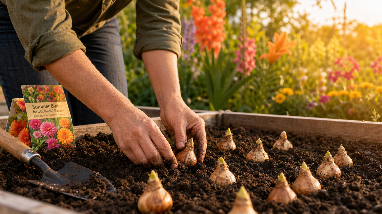 Mãos plantando bulbos de flores na terra em canteiro de jardim ensolarado com flores ao fundo.