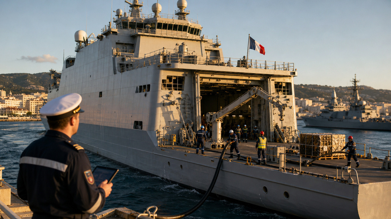 Marinha francesa com militares trabalhando no convés de grande navio de guerra atracado ao entardecer.