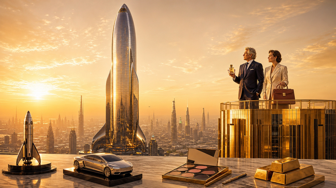 Casal elegante observando horizonte com prédios futuristas e miniaturas douradas de foguete, carro e maquiagem.