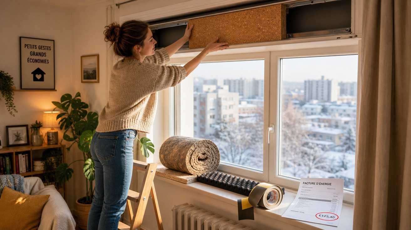 Mulher coloca isolamento térmico na janela para economizar energia em apartamento com vista da cidade.
