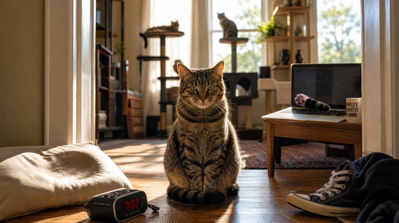 Gato listrado sentado no chão de madeira iluminado pelo sol, com outro gato ao fundo e objetos domésticos ao redor.