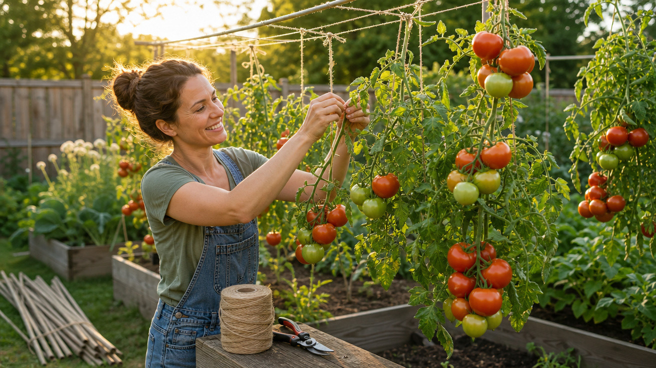 Mulher sorridente cuida de tomates pendurados em estufa ao entardecer.