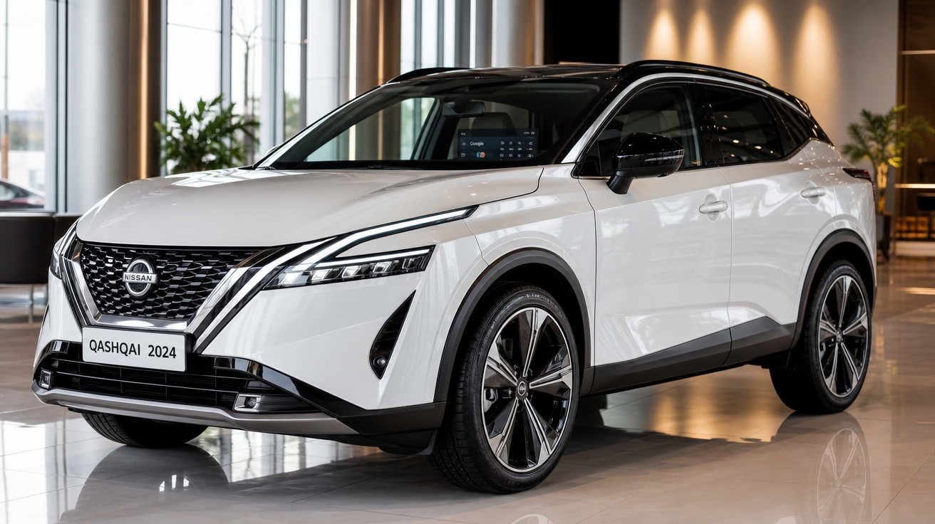 SUV Nissan Qashqai 2024 branco com teto preto exibido em showroom moderno.