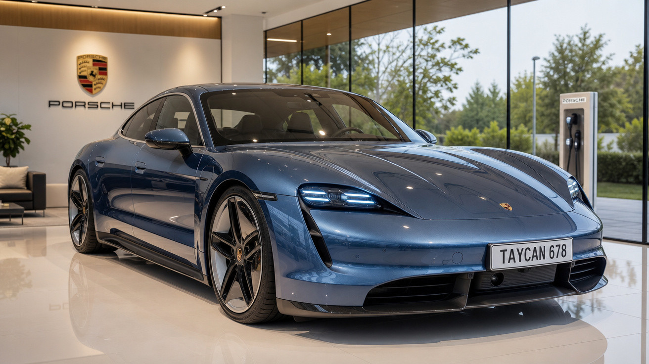 Carro elétrico esportivo Porsche Taycan azul exibido em showroom moderno com vidros amplos.