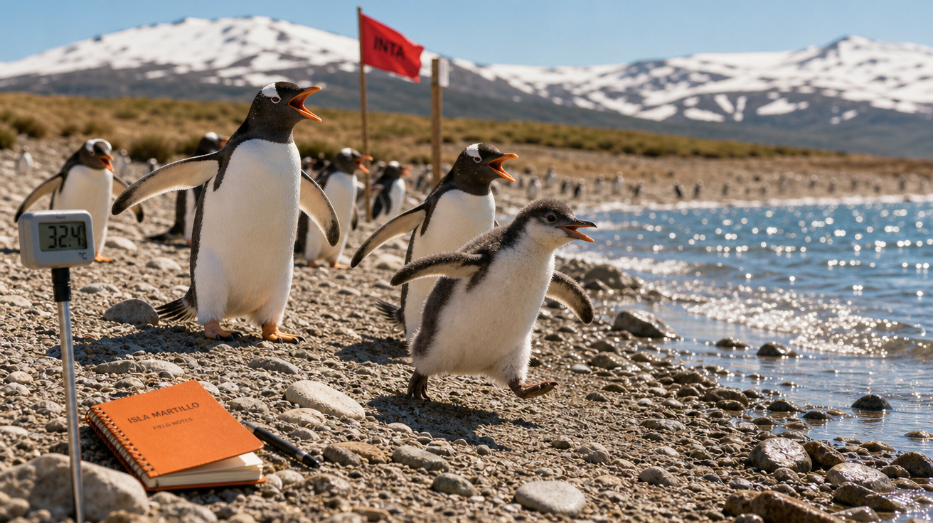 Pinguins andando na beira de um lago com pedras, montanhas ao fundo e um termômetro marcando 32,4°C.