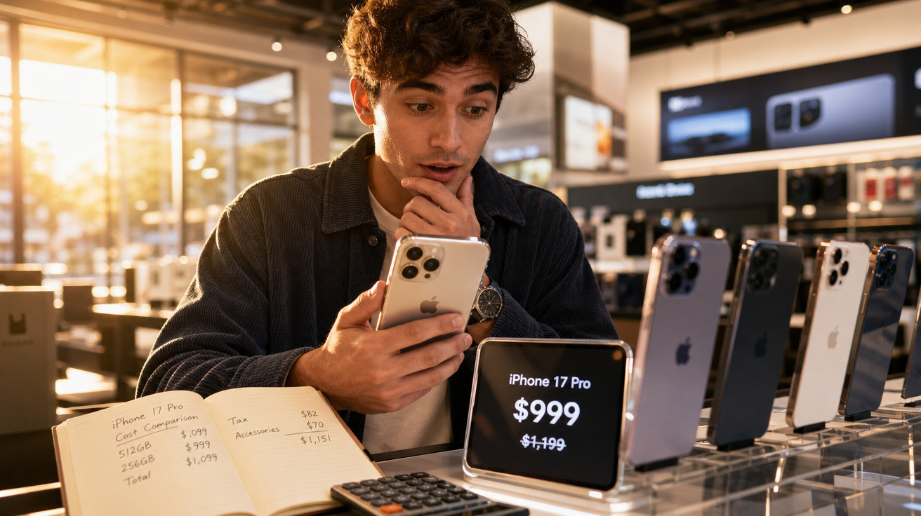 Homem surpreso segurando iPhone 17 Pro em loja com preços e calculadora na mesa.