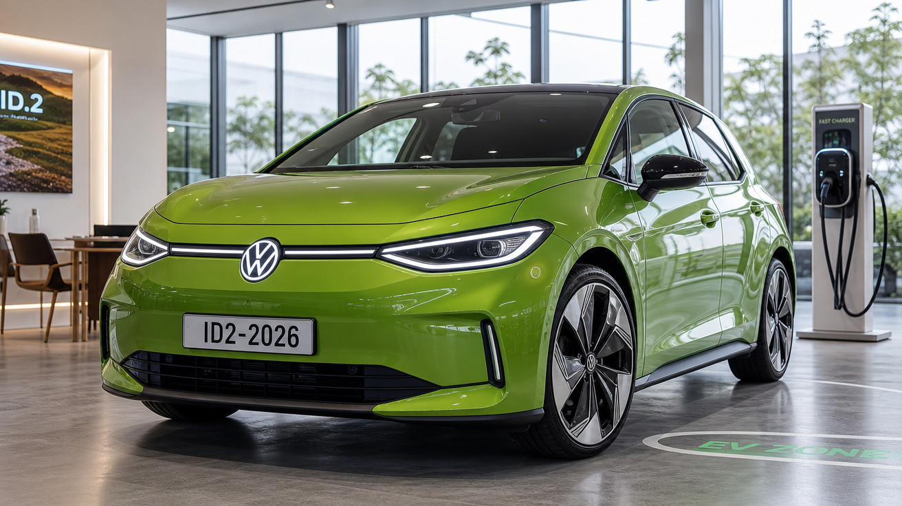 Carro elétrico Volkswagen ID.2 verde exposto em showroom com ponto de recarga ao fundo.