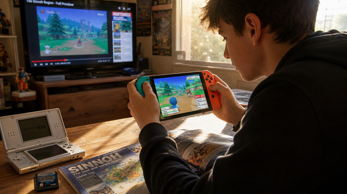Adolescente jogando Pokémon no Nintendo Switch com vídeo do jogo na TV e revista do jogo sobre a mesa.