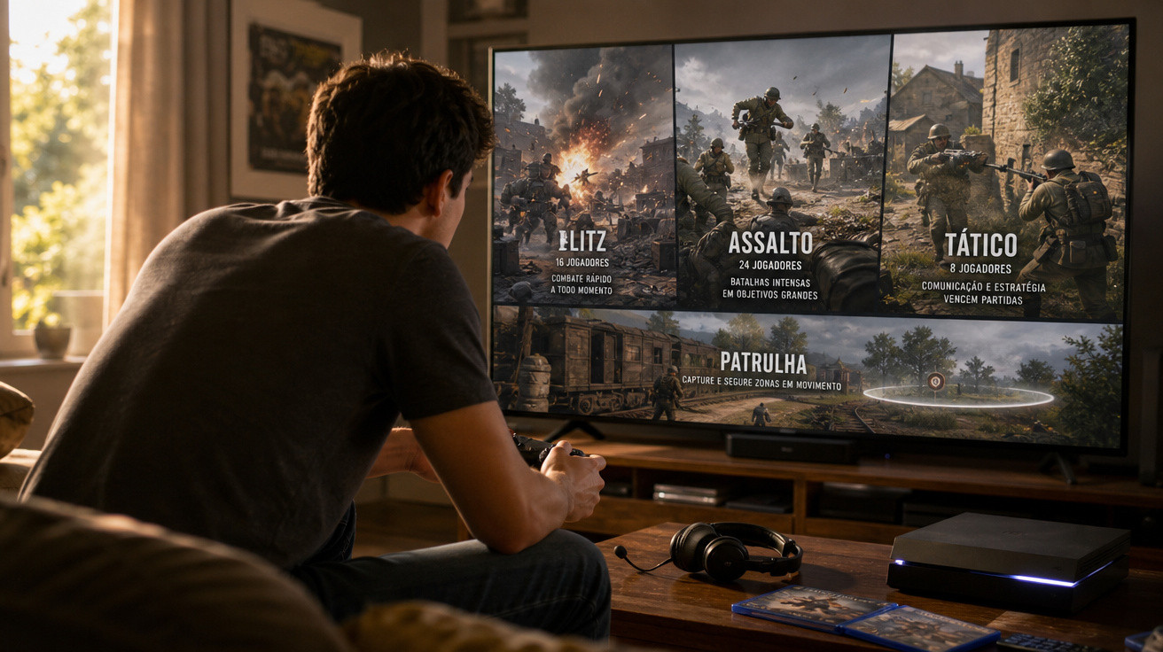 Jovem jogando videogame de tiro na TV com modos Blitz, Assalto, Tático e Patrulha em sala iluminada.
