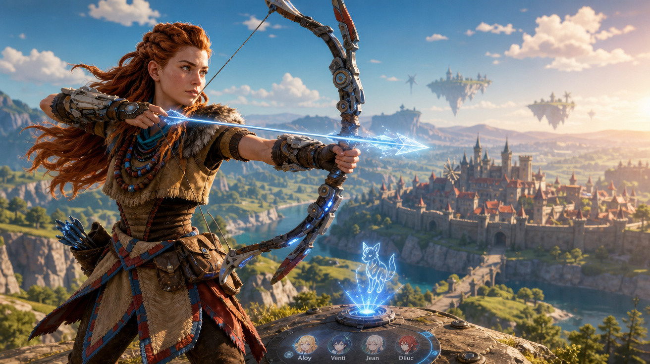 Personagem feminina ruiva com arco e flecha energizada mira em direção a cidade medieval ao pôr do sol.