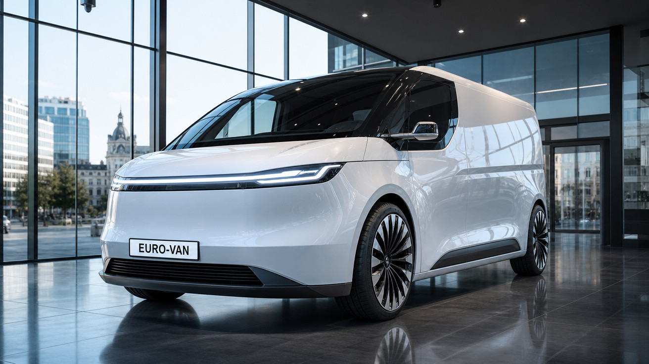 Van elétrica branca Euro-Van estacionada em ambiente interno moderno com vidro e estrutura de aço.