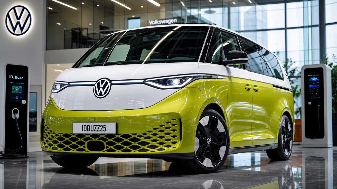 Van elétrica Volkswagen ID.Buzz amarela e branca exposta em showroom moderno.