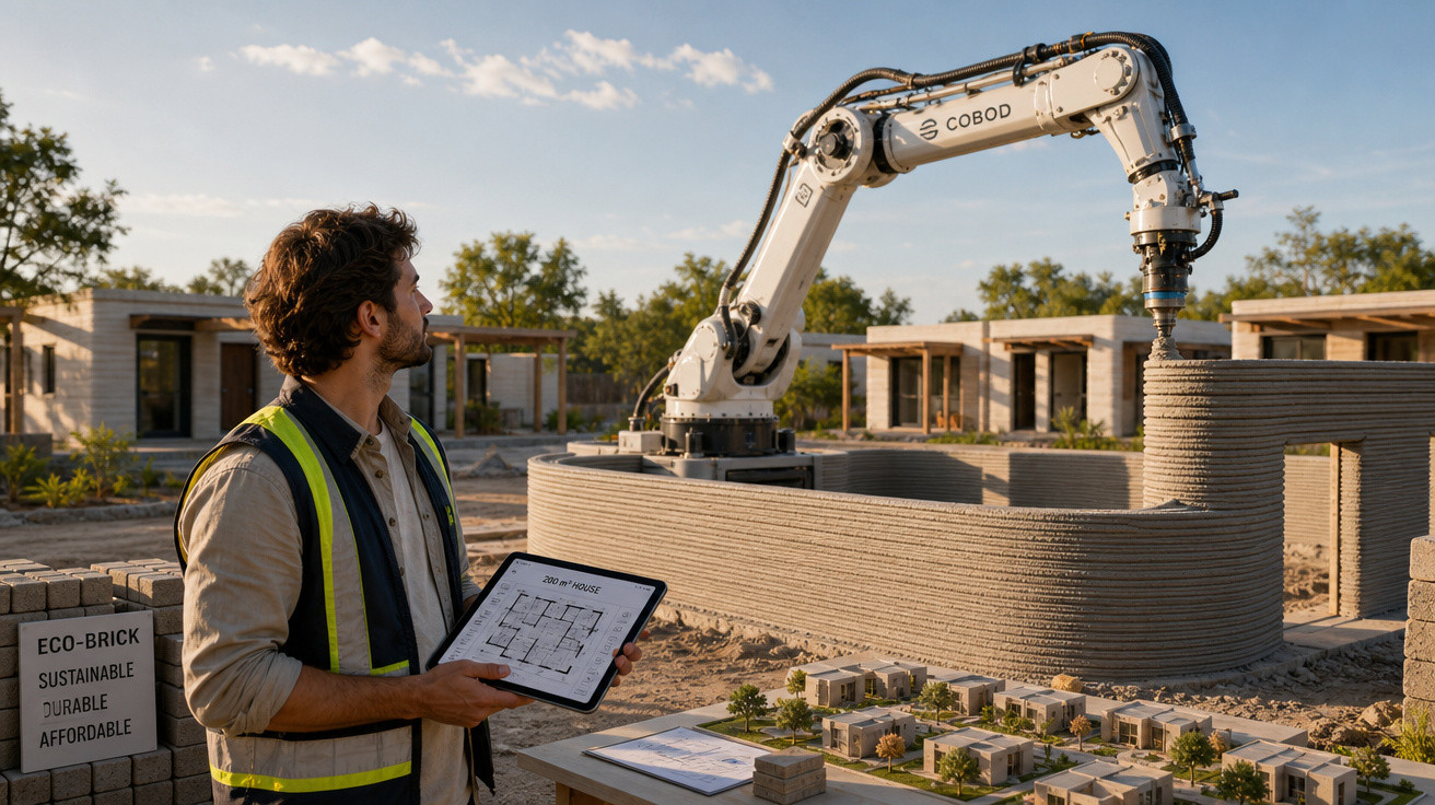 Homem com tablet observa braço robótico construindo casa com impressão 3D em canteiro de obras.