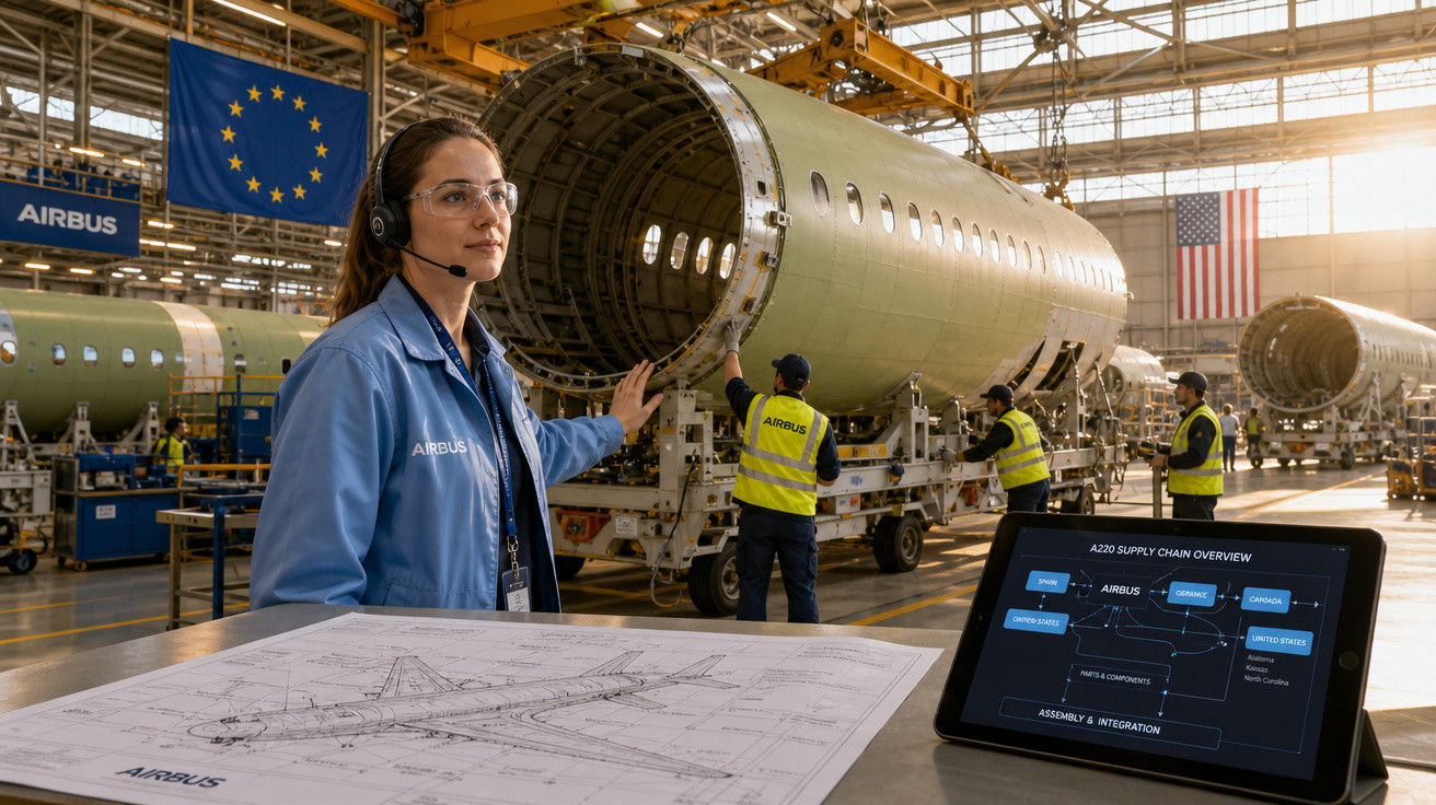 Mulher com jaleco azul e headset em fábrica da Airbus com esboço de avião e partes de aeronave ao fundo.