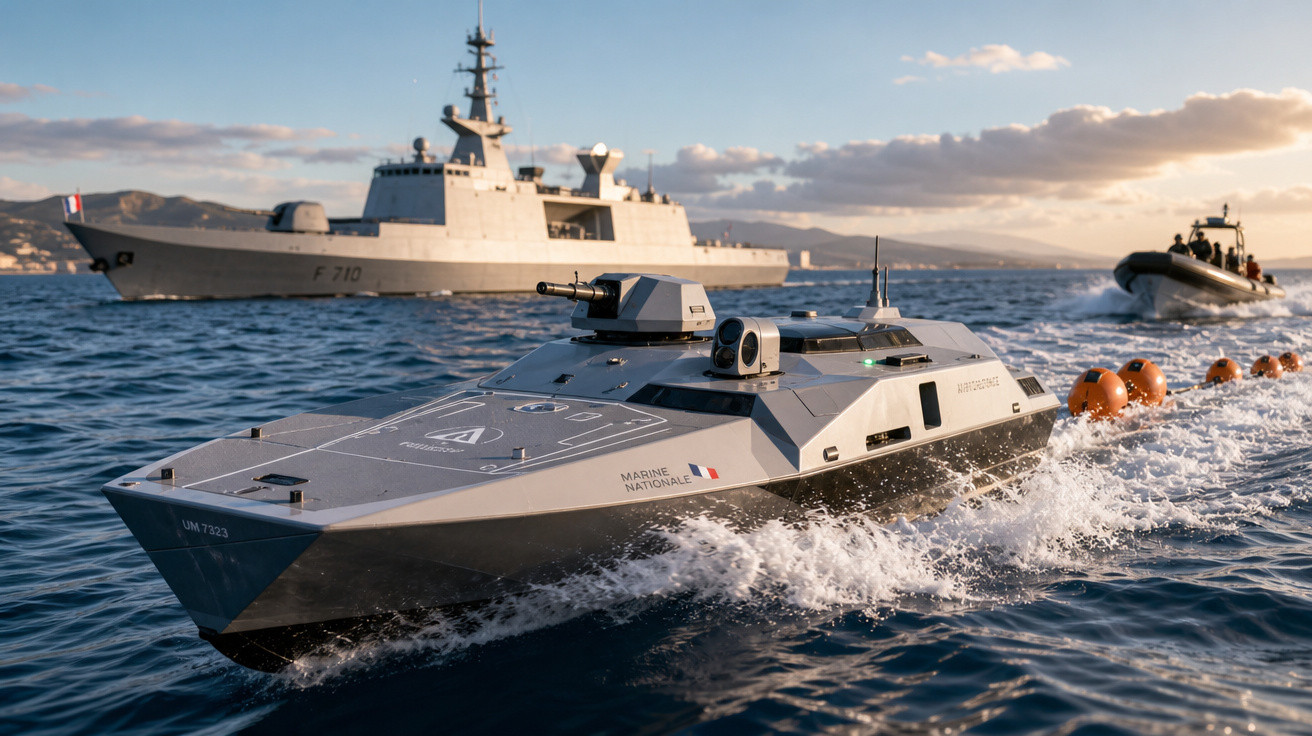 Barco naval autônomo em operação no mar com navio de guerra e barco de apoio ao fundo.