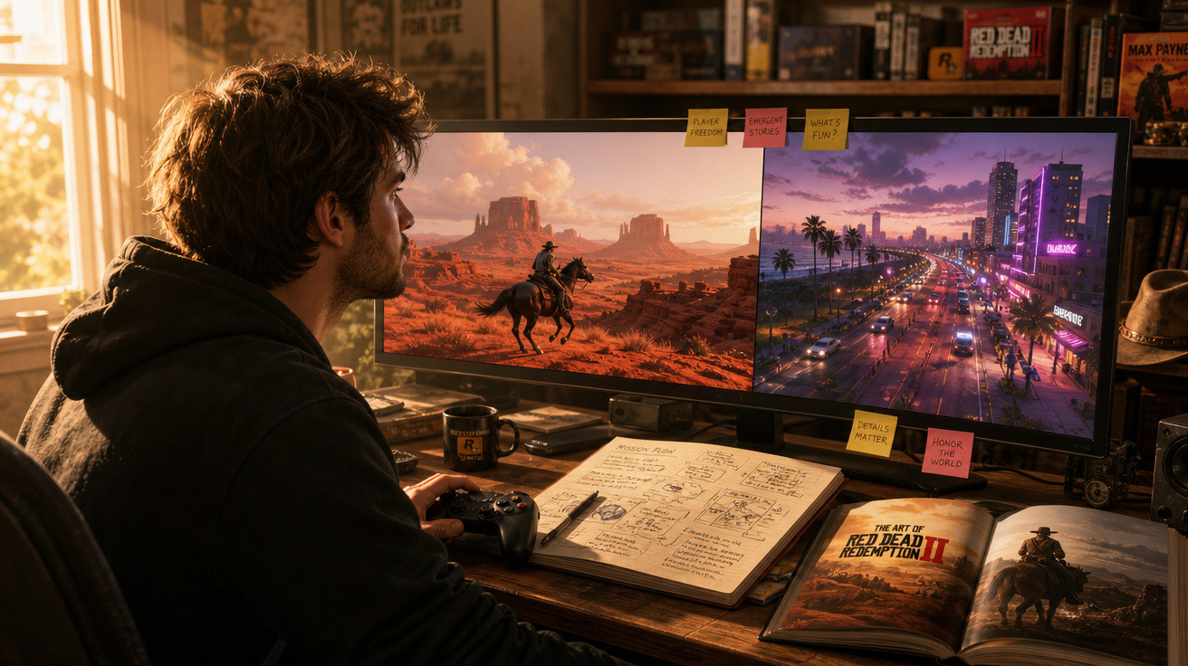 Homem jogando videogame Red Dead Redemption II em dois monitores, com caderno aberto na mesa.