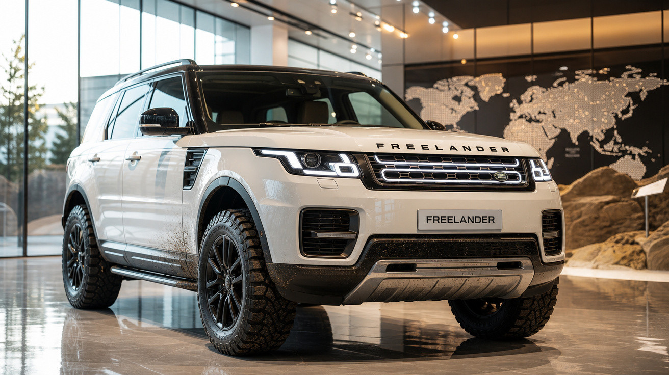 SUV branco Land Rover Freelander estacionado em showroom moderno com mapa mundi ao fundo.