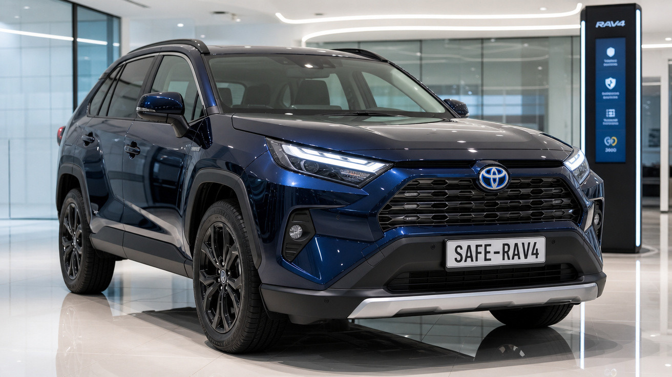 SUV Toyota RAV4 azul escuro em showroom com iluminação moderna e placa personalizada SAFE-RAV4.