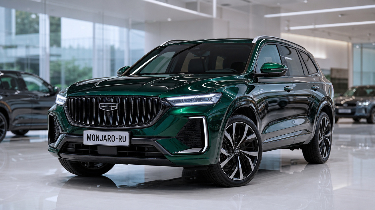 SUV verde escuro Geely Monjaro-RU em exibição dentro de showroom moderno com piso branco brilhante.