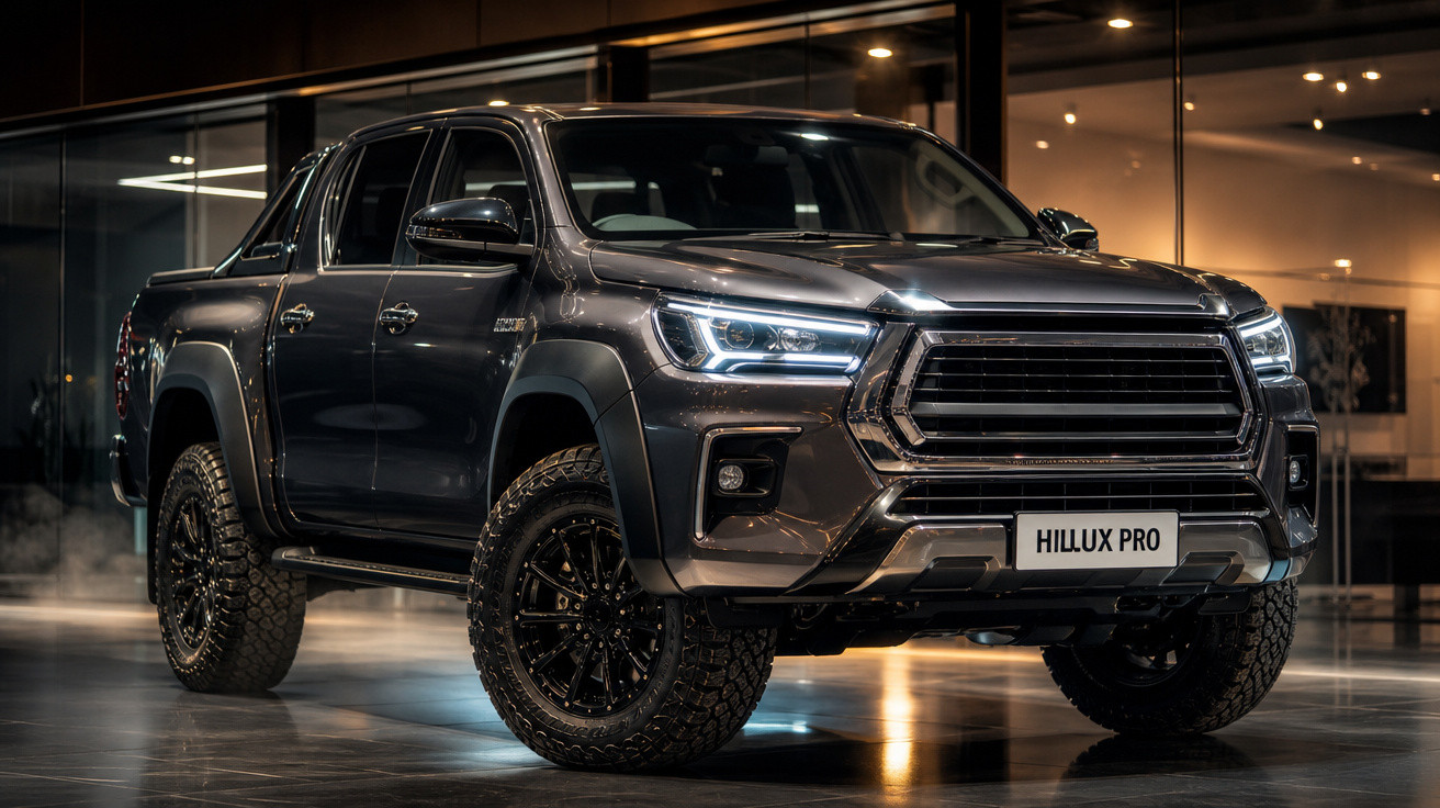 Picape Toyota Hilux Pro cinza escura com faróis ligadas em ambiente interno moderno.