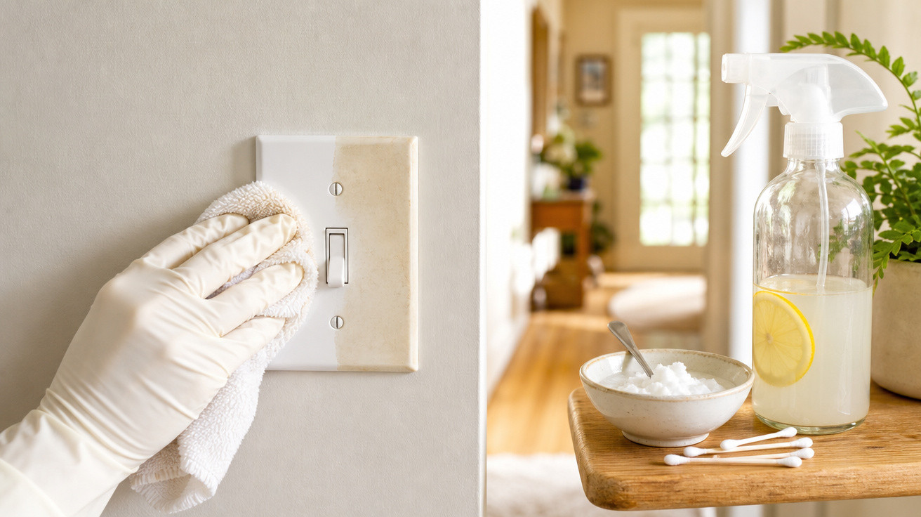 Pessoa com luva limpa interruptor de luz com pano, ao lado ficam spray de limpeza com limão e itens de limpeza.