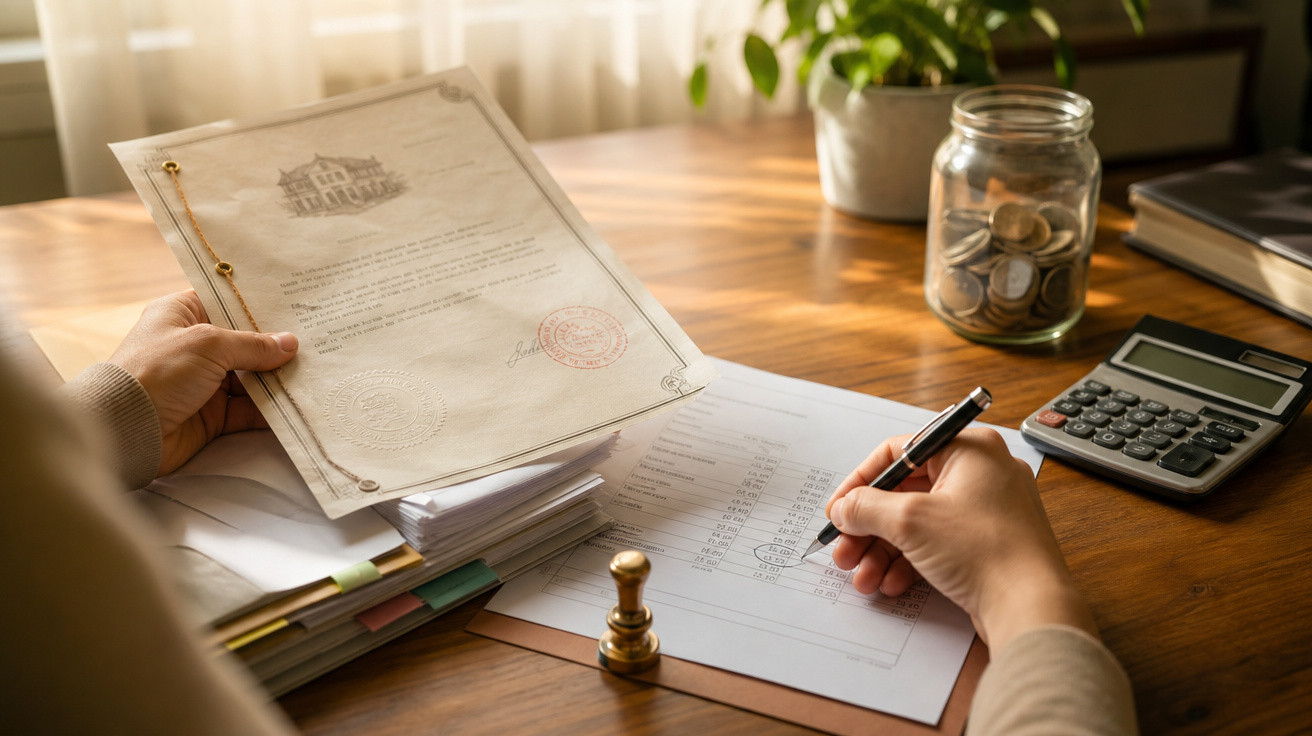 Pessoa analisando documentos e fazendo anotações em planilha com jarra de moedas e calculadora sobre a mesa.